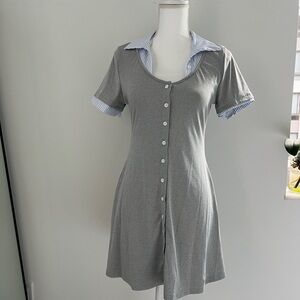 Gray Button-Down Dress with Striped Collar